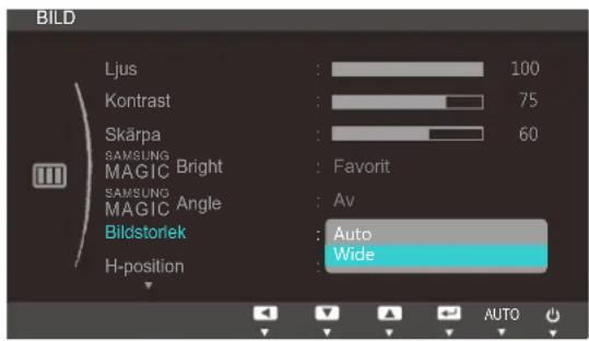 BILD Ljus: 100 Kontrast: 75 Skärpa: 60 SAMSUNG: Favorit MAGIC Bright: Av SAMSUNG: Auto MAGIC Angle: Wide Bildstorlek: H-position: AUTO
