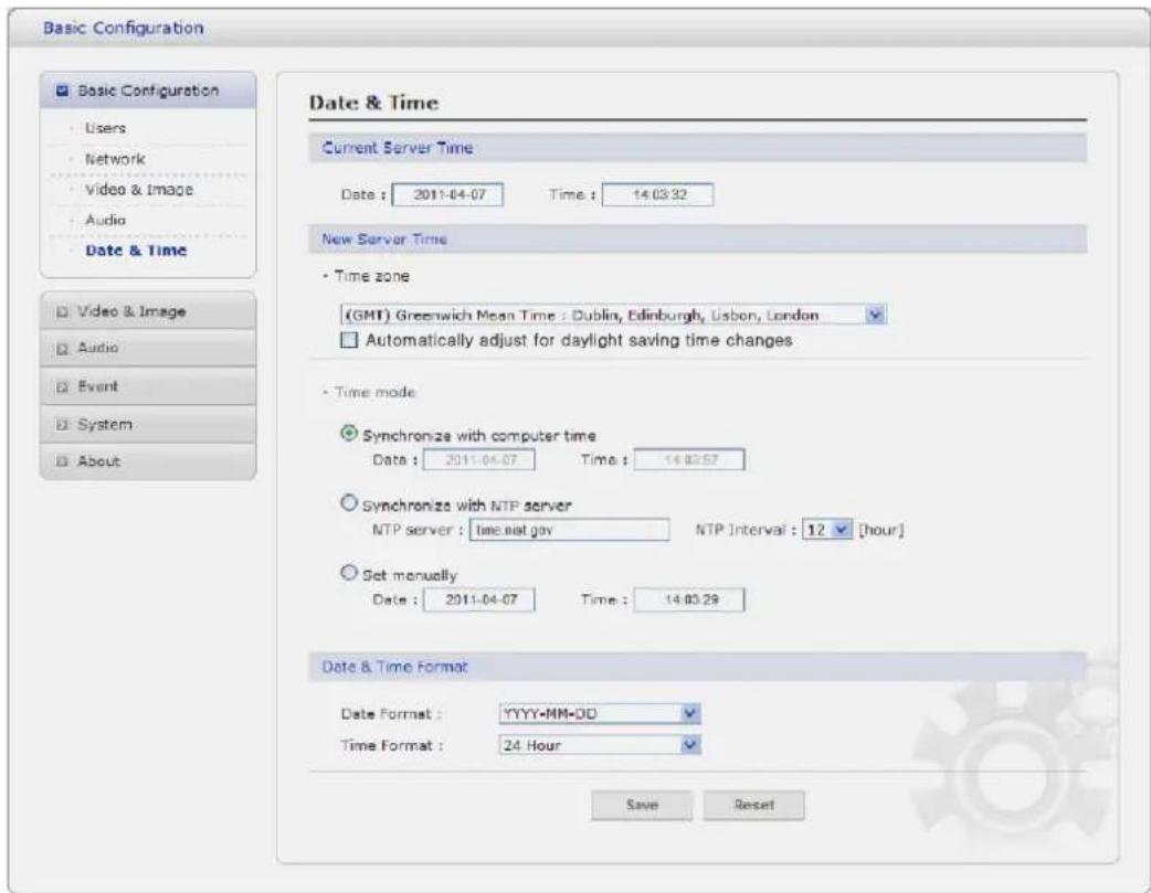 Basic Configuration Basic Configuration Users Network Video & Image Audio Date & Time Video & Image Audio Event System About Date & Time Current Server Time Date : 2011-04-07 Time : 14:03:32 New Server Time • Time zone (GMT) Greenwich Mean Time : Dublin, Edinburgh, Lisbon, London □ Automatically adj…
