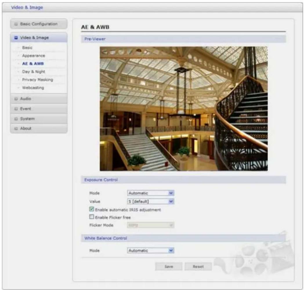 Video & Image Basic Configuration Video & Image Basic Appearance AE & AWB Day & Night Privacy Masking Webcasting Audio Event System About AE & AWB Pre-Viewer Exposure Control Mode: Automatic Value: S [default] Enable automatic IRIS adjustment Enable Flicker free Flicker Mode: White Balance Control M…