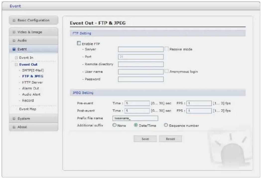 Event Basic Configuration Video & Image Audio Event Event In Event Out SMTP(E-Mail) FTP & JPEG HTTP Server Alarm Out Audio Alert Record Event Map System About Event Out - FTP & JPEG FTP Setting Enable FTP - Server Passive mode - Port 21 - Remote directory - User name Anonymous login - Password JPEG…