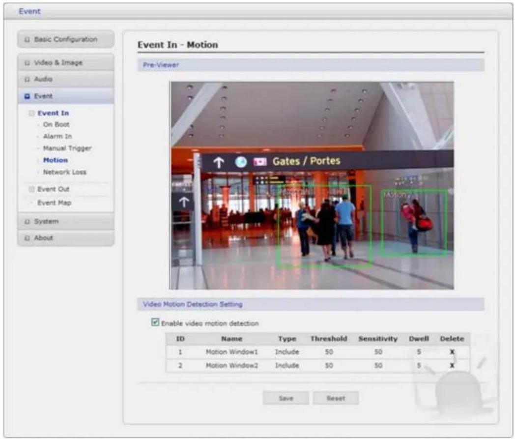 Event Basic Configuration Video & Image Audio Event Event In On Boot Alarm In Manual Trigger Motion Network Loss Event Out Event Map System About Event In - Motion Pre-Viewer Gates / Portes Video Motion Detection Setting Enable video motion detection ID Name Type Threshold Sensitivity Dwell Delete 1…