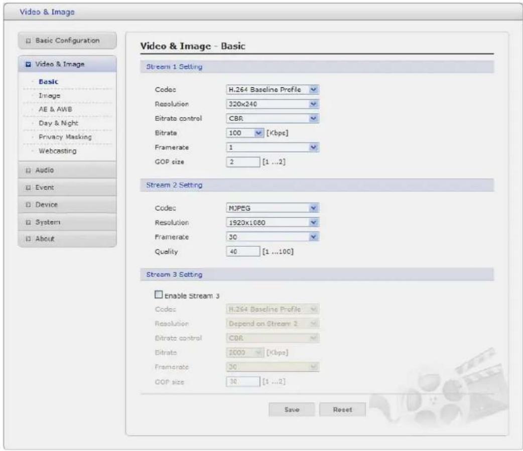 Video & Image Basic Configuration Video & Image Basic Image AE & AWB Day & Night Privacy Masking Webcasting Audio Event Device System About Video & Image - Basic Stream 1 Setting Codec H.264 Baseline Profile Resolution 320x240 Bitrate control CBR Bitrate 100 [Kbps] Framerate 1 GOP size 2 [1 ...2] St…