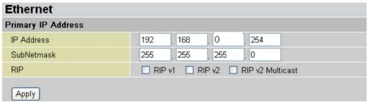 Ethernet Primary IP Address IP Address 192 168 0 254 SubNetmask 255 255 255 0 RIP RIP v1 RIP v2 RIP v2 Multicast Apply