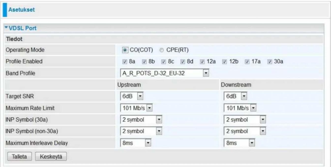 Asetukset ▼VDSL Port Tiedot Operating Mode CO(COT) CPE(RT) Profile Enabled 8a 8b 8c 8d 12a 12b 17a 30a Band Profile A_R_POTS_D-32_EU-32 Upstream Downstream Target SNR 6dB 6dB Maximum Rate Limit 101 Mb/s 101 Mb/s INP Symbol (30a) 2 symbol 2 symbol INP Symbol (non-30a) 2 symbol 2 symbol Maximum Interleave Delay 8ms 8ms Talleta Keskeyta