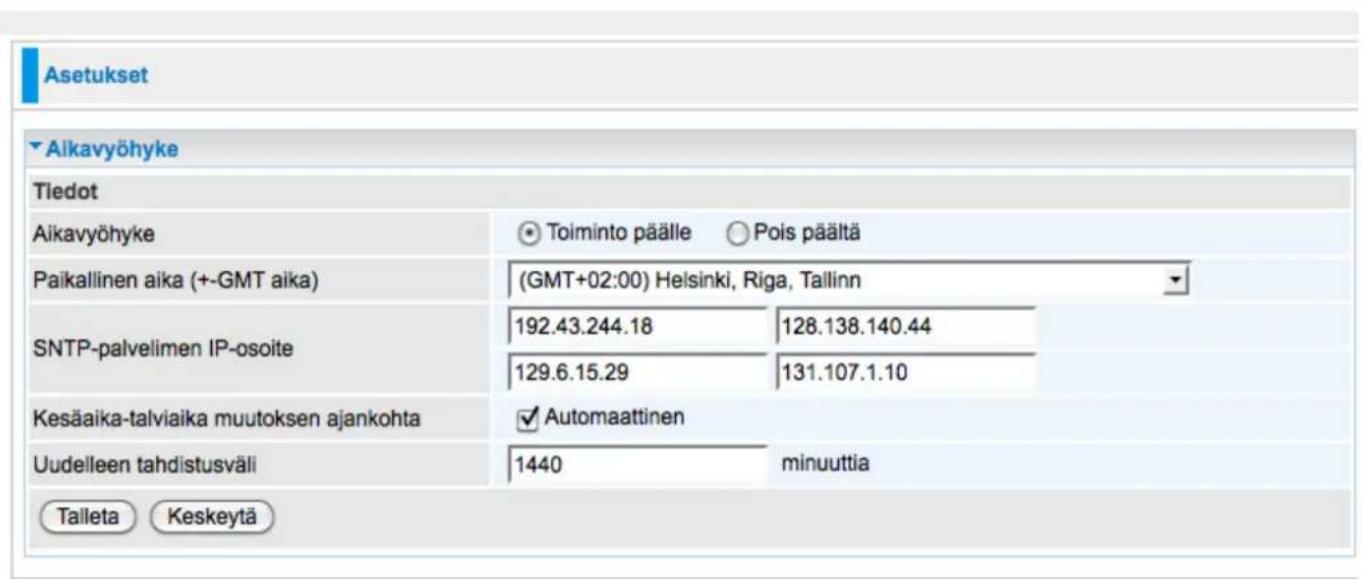 Asetukset ▼ Aikavyöhyke Tiedot Aikavyöhyke Toiminto päälle Pois päältä Paikallinen aika (+-GMT aika) (GMT+02:00) Helsinki, Riga, Tallinn SNTP-palvelimen IP-osoite 192.43.244.18 128.138.140.44 129.6.15.29 131.107.1.10 Kesäaika-talviaika muutoksen ajankohta ✓ Automaattinen Uudelleen tahdistusväli 1440 minuuttia Talleta Keskeytä