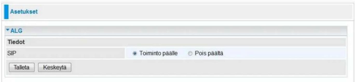 Asetukset ▼ALG Tiedot SIP Toiminto päälle Pois päältä Talleta Keskeytä
