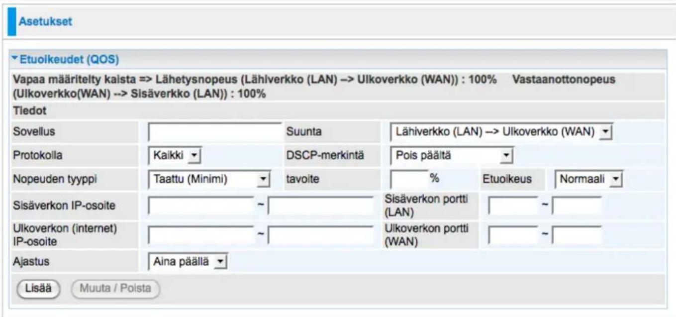Asetukset ► Etuoikeudet (QOS) Vapaa määritelty kalsta => Lähetysnopeus (Lähiverkko (LAN) -> Ulkoverkko (WAN)) : 100% Vastaanottonopeus (Ulkoverkko(WAN) -> Sisäverkko (LAN)) : 100% Tiedot Sovellus Suunta Lähiverkko (LAN) -> Ulkoverkko (WAN) Protokolla Kaikki DSCP-merkintä Pois päältä Nopeuden tyyppi Taattu (Minimi) tavoite % Etuoikeus Normaali Sisäverkon IP-osoite ~ Sisäverkon portti (LAN) ~ Ulkoverkon (internet) IP-osoite ~ Ulkoverkon portti (WAN) ~ Ajastus Aina päällä Lisää Muuta / Poista