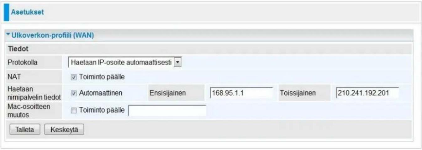 Asetukset Ulkoverkon-profiili (WAN) Tiedot Protokolla Haetaan IP-osoite automaattisesti NAT Toiminto päälle Haetaan nimipalvelin tiedot Automaattinen Ensisijainen 168.95.1.1 Toissijainen 210.241.192.201 Mac-osoitteen muutos Toiminto päälle Talleta Keskeytä