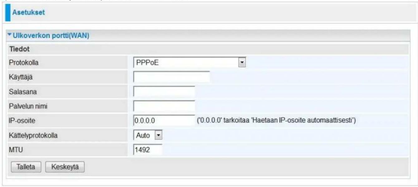 Asetukset Ulkoverkon portti(WAN) Tiedot Protokolla PPPoE Käyttäjä Salasana Palvelun nimi IP-osoite 0.0.0.0 ('0.0.0.0' tarkoitaa 'Haetaan IP-osoite automaattisesti') Kättelyprotokolla Auto MTU 1492 Talleta Keskeytä