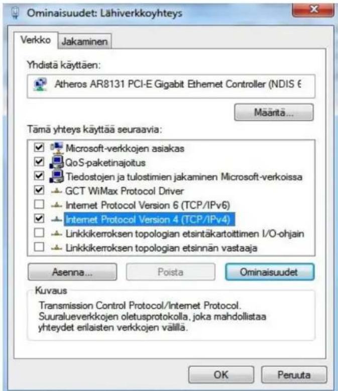 Ominaisuudet: Lähiverkkoyhteys Verkko Jakaminen Yhdistä käyttäen: Atheros AR8131 PCI-E Gigabit Ethernet Controller (NDIS € Määritä... Tämä yhteys käyttää seuraavia: ✓ Microsoft-verkkojen asiakas ✓ QoS-paketinajoitus ✓ Tiedostojen ja tulostimien jakaminen Microsoft-verkoissa ✓ GCT WiMax Protocol Driver □ Internet Protocol Version 6 (TCP/IPv6) ✓ Internet Protocol Version 4 (TCP/IPv4) □ Linkkikerroksen topologian etsintäkartoittimen I/O-ohjain □ Linkkikerroksen topologian etsinnän vastaaja Asenna... Poista Ominaisuudet Kuvaus Transmission Control Protocol/Internet Protocol. Suuralueverkkojen oletusprotokolla, joka mahdollistaa yhteydet enlaisten verkkojen välillä. OK Peruuta
