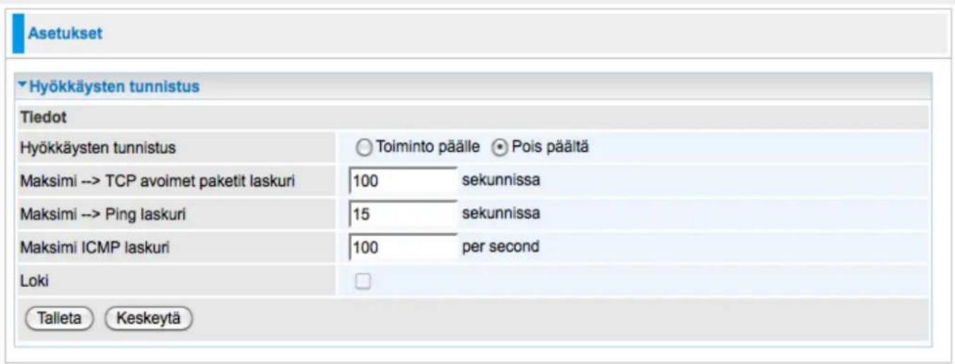 Asetukset Hyökkäysten tunnistus Tiedot Hyökkäysten tunnistus Toiminto päälle Pois päältä Maksimi --> TCP avolmet paketit laskuri 100 sekunnissa Maksimi --> Ping laskuri 15 sekunnissa Maksimi ICMP laskuri 100 per second Loki Talleta Keskeytä