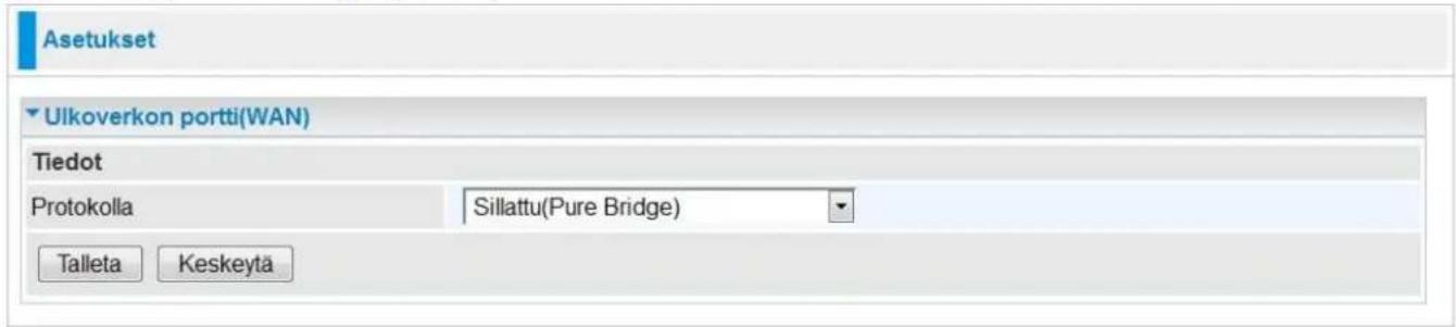 Asetukset Ulkoverkon portti(WAN) Tiedot Protokolla Sillattu(Pure Bridge) Talleta Keskeytä