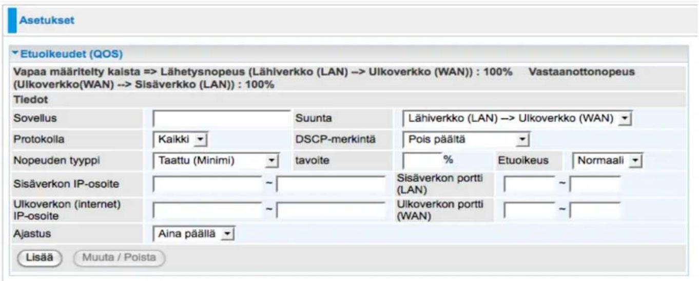 Asetukset ► Etuoikeudet (QOS) Vapaa määritelty kalsta => Lähetysnopeus (Lähiverkko (LAN) -> Ulkoverkko (WAN)) : 100% Vastaanottonopeus (Ulkoverkko(WAN) -> Sisäverkko (LAN)) : 100% Tiedot Sovellus Suunta Lähiverkko (LAN) -> Ulkoverkko (WAN) Protokolla Kaikki DSCP-merkintä Pois päältä Nopeuden tyyppi Taattu (Minimi) tavoite % Etuoikeus Normaali Sisäverkon IP-osoite ~ Sisäverkon portti (LAN) ~ Ulkoverkon (internet) IP-osoite ~ Ulkoverkon portti (WAN) ~ Ajastus Aina päällä Lisää Muuta / Poista