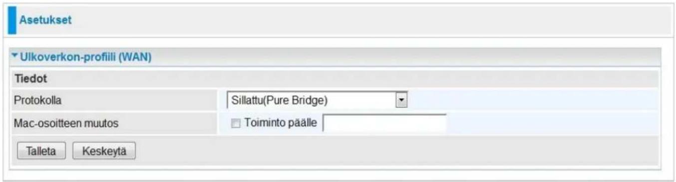 Asetukset Ulcoverkon-profiili (WAN) Tiedot Protokolla Sillattu(Pure Bridge) Mac-osoitteen muutos Toiminto päälle Talleta Keskeyta