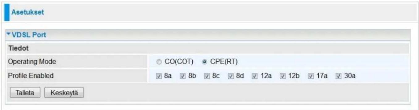 Asetukset ▼VDSL Port Tiedot Operating Mode CO(COT) CPE(RT) Profile Enabled 8a 8b 8c 8d 12a 12b 17a 30a Talleta Keskeyta