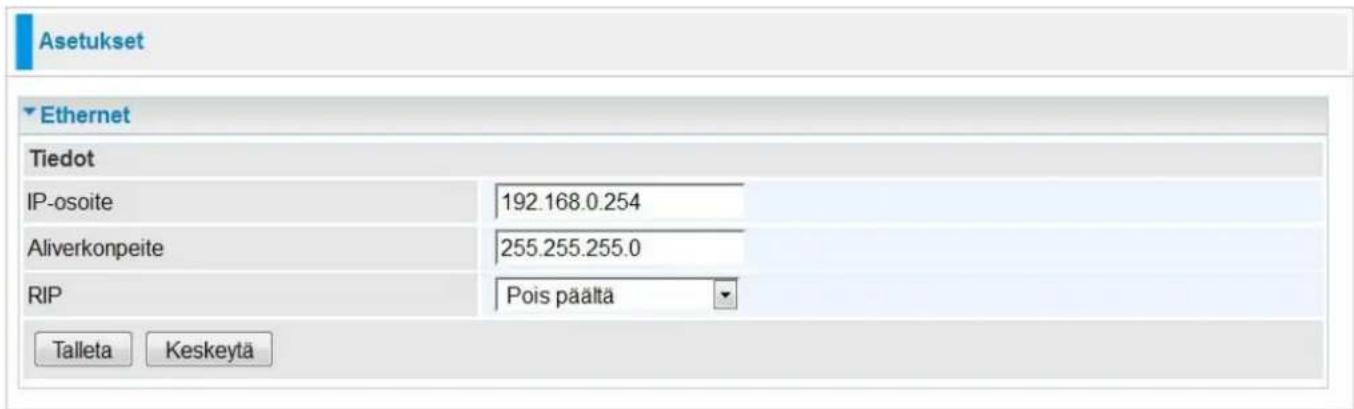 Asetukset Ethernet Tiedot IP-osoite 192.168.0.254 Aliverkonpeite 255.255.255.0 RIP Pois päältä Talleta Keskeyta