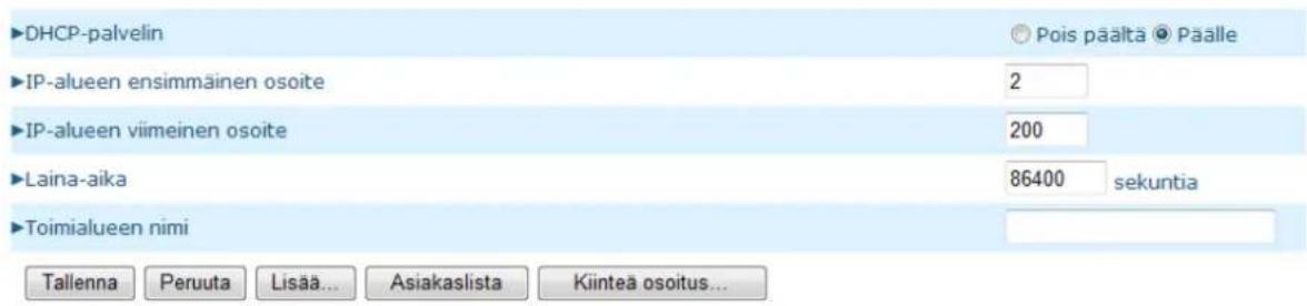 DHCP-palvelin IP-alueen ensimmäinen osoite IP-alueen viimeinen osoite Laina-aika Toimialueen nimi Pois päältä Päalle 2 200 86400 sekuntia Tallenna Peruuta Lisää... Asiakaslista Kiinteä osoitus...