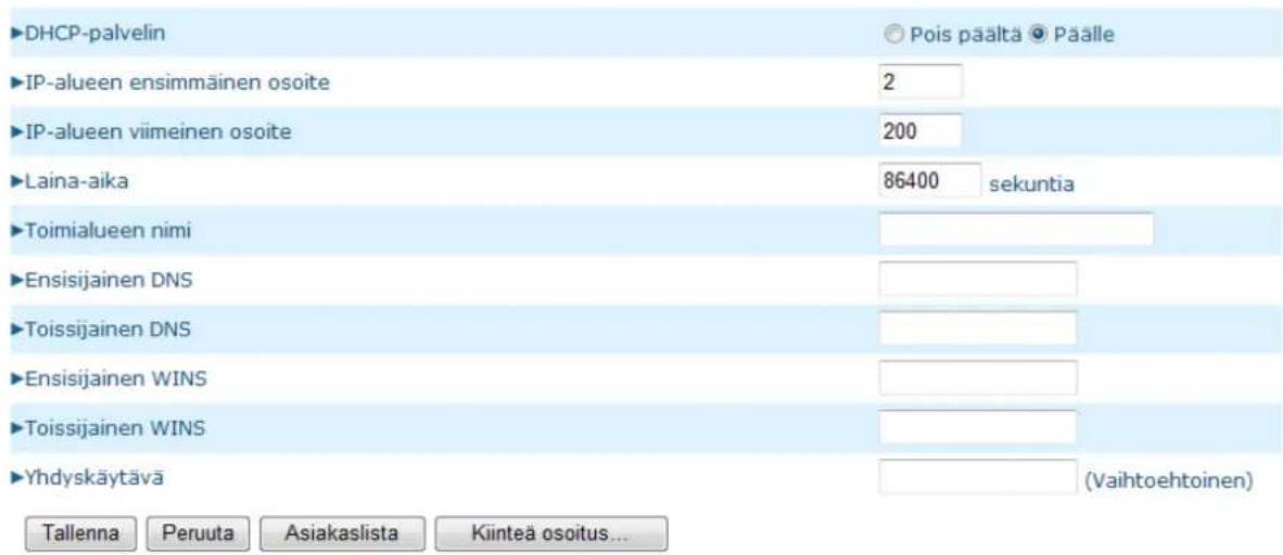 DHCP-palvelin IP-alueen ensimmäinen osoite IP-alueen viimeinen osoite Laina-aika Toimialueen nimi Ensisijainen DNS Toissijainen DNS Ensisijainen WINS Toissijainen WINS Yhdyskäytävä Pois päältä Päälle 2 200 86400 sekuntia (Vaihtoehtoinen) Tallenna Peruuta Asiakaslista Kiinteä osoitus...