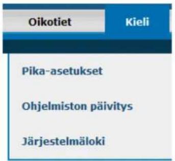 Oikotiet Kieli Pika-asetukset Ohjelmiston päivitys Järjestelmäloki