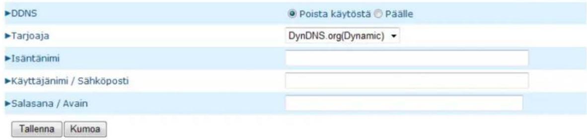 DDNS Poista käytöstä Päälle Tarjoaja DynDNS.org(Dynamic) Isäntänimi Käyttäjänimi / Sähköposti Salasana / Avain Tallenna Kumoa