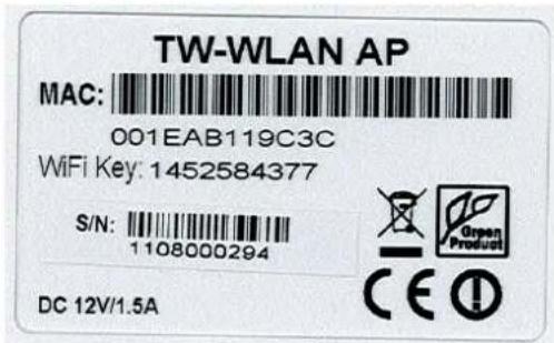 TW-WLAN AP MAC: 001EAB119C3C WiFi Key: 1452584377 S/N: 1108000294 DC 12V/1.5A