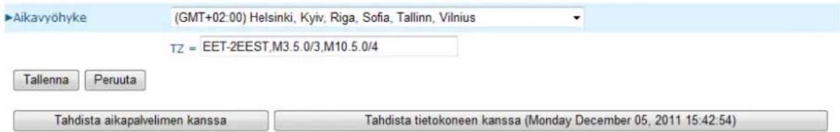Aikavyöhyke (GMT+02:00) Helsinki, Kyiv, Riga, Sofia, Tallinn, Vilnius TZ = EET-2EEST,M3.5.0/3,M10.5.0/4 Tallenna Peruuta Tahdista aikapalvelimen kanssa Tahdista tietokoneen kanssa (Monday December 05, 2011 15:42:54)