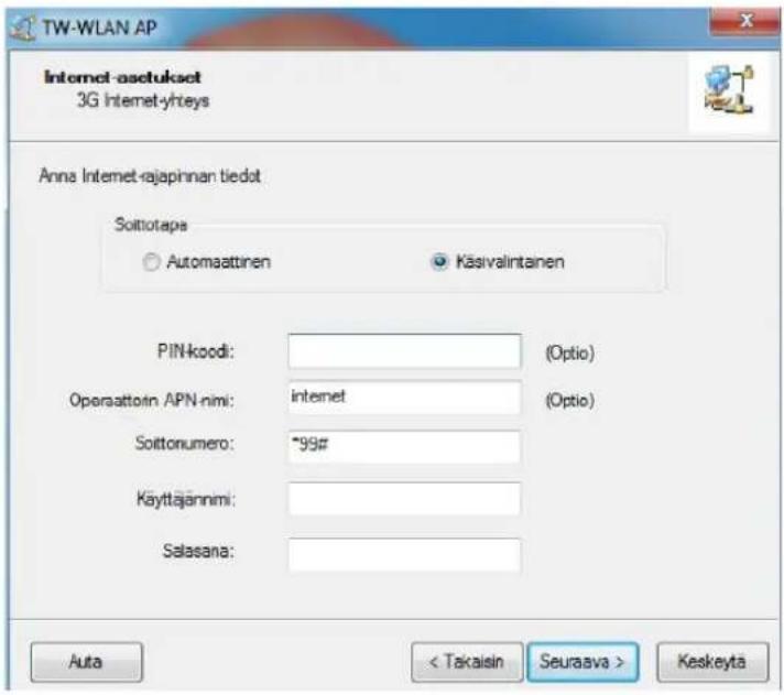 TW-WLAN AP Internet-asetukset 3G Internet-yhteys Anna Internet-rajapinnan tiedot Soitnotaps ○ Automaattinen ○ Käsivalintainen PIN-koodi: (Optio) Operaattoin APN-nmi: internet (Optio) Soittonumero: ~99# Käyttajännmi: Salasana: Auto < Takaisin Seuraava > Keskeyta