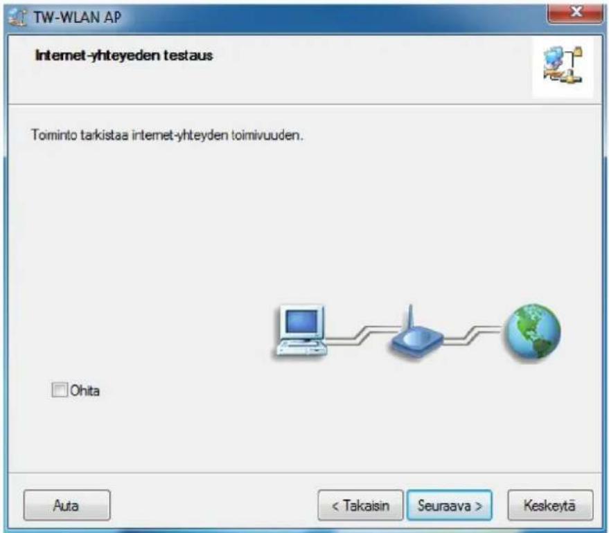 TW-WLAN AP Internet-yhteyeden testaus Toiminto tarkistaa internet-yhteyden toimivuuden. Ohita Auta Keskeytä