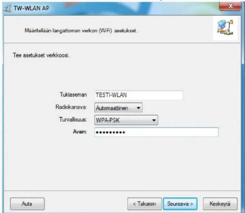 TW-WLAN AP Määritellään langattoman verkon (WiFi) asetukset. Tee asetukset verkkoosi. Tukiaseman: TESTI-WLAN Radiokanava: Automaattinen Turvallisuus: WPA-PSK Avain: ••••••••••• Auto < Takaisin Seureava > Keskeytä