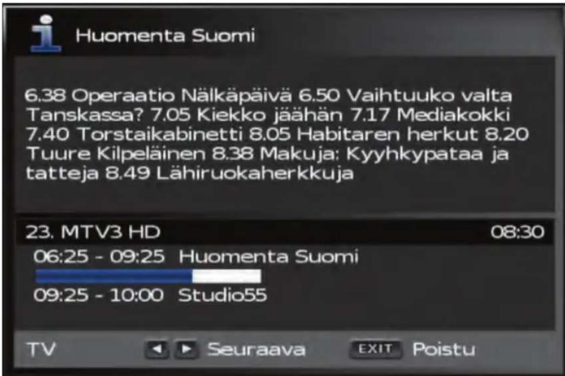 Huomenta Suomi 6.38 Operaatio Nälkäpäivä 6.50 Vaihtuuko valta Tanskassa? 7.05 Kiekko jäähän 7.17 Mediakokki 7.40 Torstaikabinetti 8.05 Habitaren herkut 8.20 Tuure Kilpeläinen 8.38 Makuja: Kyyhkypataa ja tatteja 8.49 Lähiruokaherkkuja 23. MTV3 HD 08:30 06:25 - 09:25 Huomenta Suomi 09:25 - 10:00 Studio55 TV Seuraava EXIT Poistu
