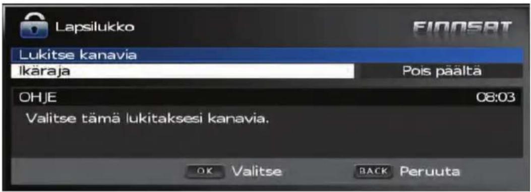 Lapsilukko FINDSAT Lukitse kanavia Ikäraja Pois paaltä OHJE 08:03 Valitse tämä lukitaksesi kanavia. OK Valitse BACK Peruuta