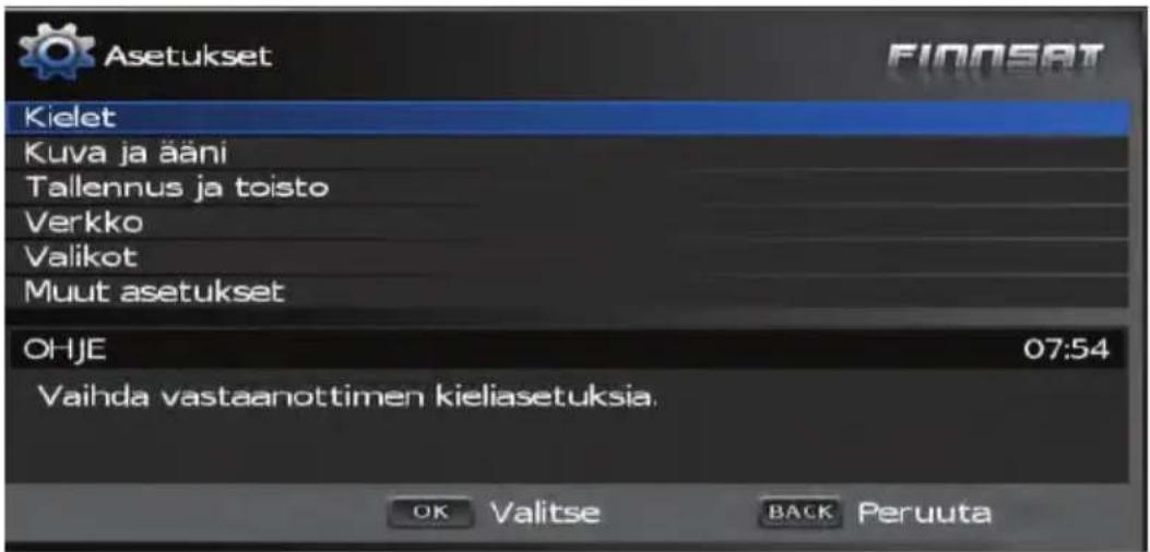 Asetukset Kielet Kuva ja ääni Tallennus ja toisto Verkko Valikot Muut asetukset OHJE 07:54 Vaihda vastaanottimen kieliasetuksia. OK Valitse BACK Peruuta