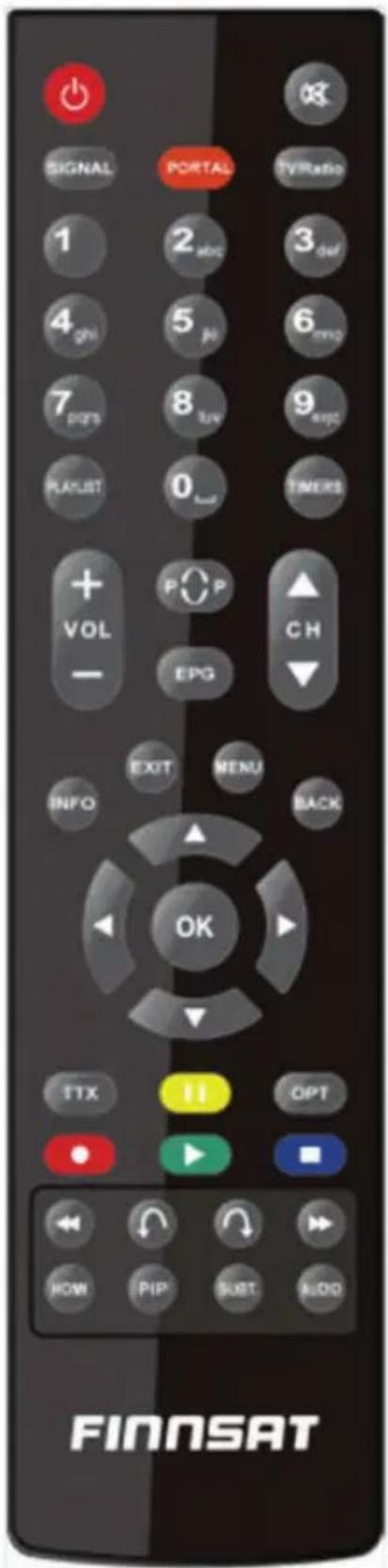 SIGNAL PORTAL TV/Ratio 1 2 abc 3 def 4 ghi 5 pi 6 img 7 pqs 8 SUV 9 exp PLAYST 0 TIMERS + VOL - P P CH EPG EXIT MENU INFO BACK OK STX IT OPT HOW PIP SUBT AUDIO FINNSAT