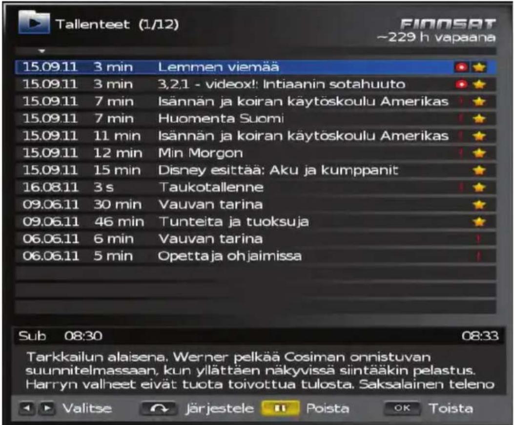 Tallenteet (1/12) FINNSAT ~229 h vapaana 15.09.11 3 min Lemmen viemää 15.09.11 3 min 3,2,1 - videox! Intiaanin sotahuuto 15.09.11 7 min Isännän ja koiran käytöskoulu Amerikas 15.09.11 7 min Huomenta Suomi 15.09.11 11 min Isännän ja koiran käytöskoulu Amerikas 15.09.11 12 min Min Morgon 15.09.11 15 min Disney esittää: Aku ja kumppanit 16.08.11 3 s Taukotallenne 09.06.11 30 min Vauvan tarina 09.06.11 46 min Tunteita ja tuoksuja 06.06.11 6 min Vauvan tarina 06.06.11 5 min Opettaja oh jaimissa Sub 08:30 08:33 Tarkkailun alaisena, Werner pelkää Cosiman onnistuvan suunnitelmassaan, kun yllättäen näkyvissä siintääkin pelastus. Harryn valheet eivät tuota toivottua tulosta, Saksalainen teleno Valitse Järjestele Poista OK Toista