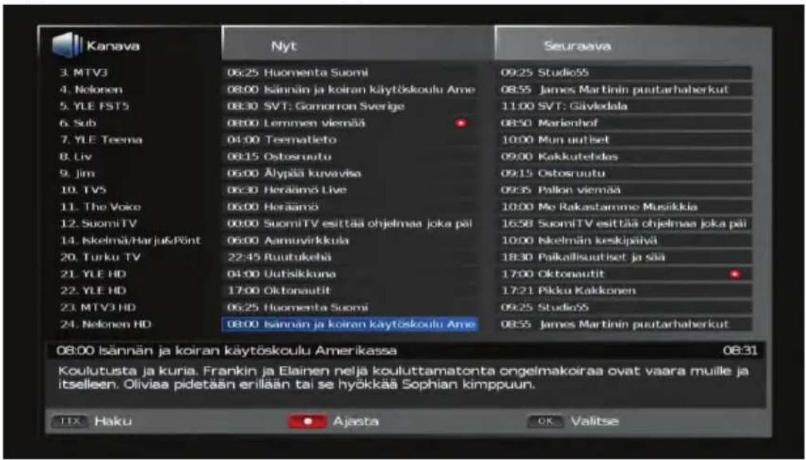 Kanava Nyt Seuraava 3. MTV3 06:25 Huomenta Suomi 09:25 Studio55 4. Nelonen 08:00 Isännän ja koiran käytöskoulu Ame 08:55 James Martinin puutarhaberkut 5. YLE FST5 08:30 SVT: Gamorron Sverige 11:00 SVT: Gävkdala 6. Sub 08:00 Lemmen viemää 08:50 Marienhof 7. YLE Teema 04:00 Teematieto 10:00 Mun uutiset 8. Liv 08:15 Ostosruutu 09:00 Kakkutekides 9. Jim 06:00 Älypää kuavvisa 09:15 Ostosruutu 10. TVS 06:30 Heräämö Live 09:35 Palion viemää 11. The Voice 06:00 Heräämö 10:00 Me Rakastamme Musikkia 12. SuomiTV 00:00 SuomiTV esittää ohjelmaa joka päi 16:58 SuomiTV esittää ohjelmaa joka päi 14. Skelmä/Harju&Pönt 06:00 Aamuvirkkula 10:00 Skelmän keskipäivä 20. Turku TV 22:45 Ruutukehä 18:30 Paikalisautiset ja sää 21. YLE HD 04:00 Uutisikkuna 17:00 Oktonautit 17:00 Oktonautit 22. YLE HD 17:00 Oktonautit 17:21 Pikku Kakkonen 23. MTV3 HD 06:25 Huomenta Suomi 09:25 Studio55 24. Nelonen HD 08:00 Isännän ja koiran käytöskoulu Ame 08:55 James Martinin puutarhaberkut 08:00 Isännän ja koiran käytöskoulu Amerikassa 08:31 Koulutusta ja kuria. Franklin ja Elainen neljä kouluttamatonta ongelmakoiraa ovat vaara muille ja itselleen. Oliviaa pidetään erillään tai se hyökkää Sophian kimppuun. TTX Haku • Ajasta OK Valitse