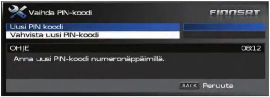 Vaihda PIN-koodi Uusi PIN koodi Vahvista uusi PIN-koodi OHJE 08:12 Anna uusi PIN-koodi numeronäppäimillä. BACK Peruuta