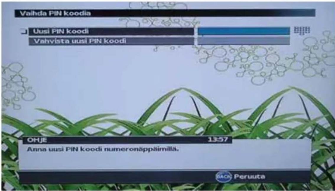 Vaihda PIN koodia Uusi PIN koodi Vahvista uusi PIN koodi OHJE 1357 Anna uusi PIN koodi numeronäppäimällä. BACN Peruuta