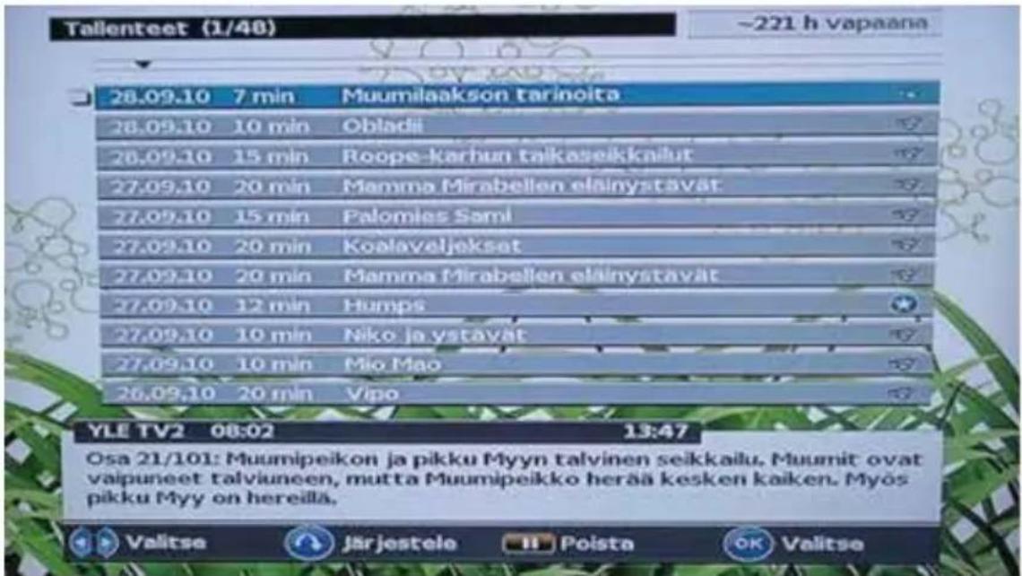 Tallenteet (1/48) ~221 h vapaana 28.09.10 7 min Muumilaakson tarinoita 28.09.10 10 min Obladii 28.09.10 15 min Roope-karhun talkaseikkailut 27.09.10 20 min Mamma Mirabellen elainystävat 27.09.10 15 min Palomias Sami 27.09.10 20 min Koalaveljeksat 27.09.10 20 min Mamma Mirabellen elainystävät 27.09.10 12 min Humps 27.09.10 10 min Niko ja ystavät 27.09.10 10 min Mio Mao 26.09.10 20 min Vipo YLE TV2 08:02 13:47 Osa 21/101: Muumipeikon ja pikku Myyn talvinen seikkailu, Muumit ovat vaipuneet talviuneen, mutta Muumipeikko herää kesken kaiken. Myös pikku Myy on hereilla. Valitse Järjestele Poista OK Valitse