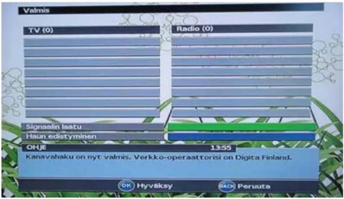 Valmis TV (0) Radio (0) Signaalin laatu Haun edistyminen OHJE 13:55 Kanavahaku on nyt valmis. Verkko-operaattorisi on Digita Finland. OK Hyväksy MACH Peruuta