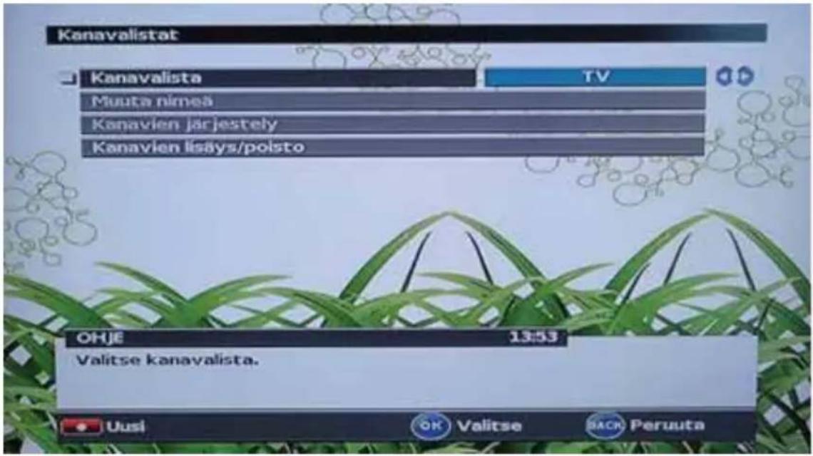 Kanavalistat Kanavalista TV Muuta nimeä Kanavien järjestely Kanavien lisäys/polsto OHJE 13:53 Valitse kanavalista. Uusi OK Valitse BACK Peruuta