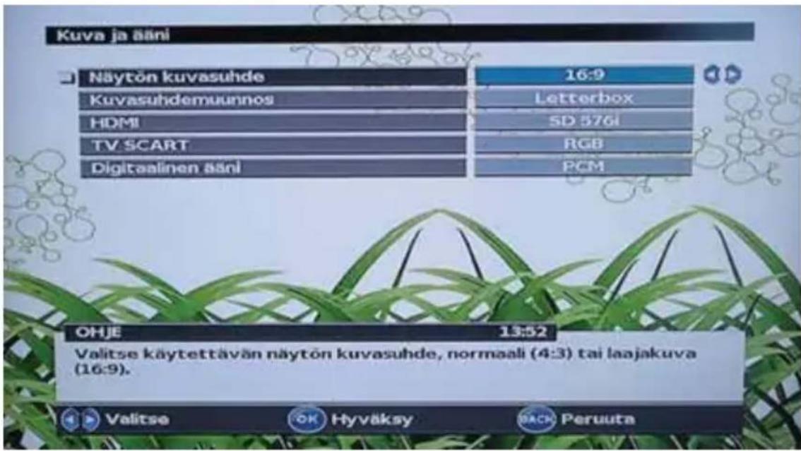 Kuva ja äiäni Näytön kuvasuhde 16:9 Kuvasuhdemuunnos Letterbox HDMI SD 576i TV SCART RGB Digitalinen äiäni PCM OHJE 13:52 Valitse käytettävän näytön kuvasuhde, normaali (4:3) tai laajakuva (16:9). Valitse OK Hyväksy BACK Peruuta