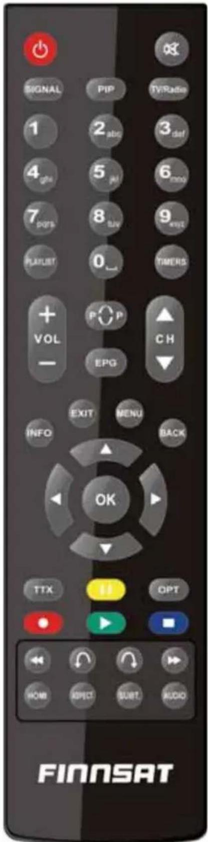 SIGNAL PIP TV/Radio 1 2 abc 3 def 4 ghs 5 jkl 6 mno 7 pots 8 tuv 9 exit PLAYLIST 0_ TIMERS + VOL - P P CH EPG EXIT MENU INFO BACK OK TTX OPT HOM EFFECT SUBT AUDIO FINNSAT