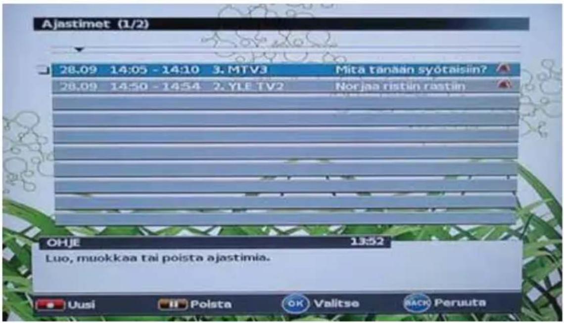 Ajastimet (1/2) 28.09 14:05 - 14:10 3.MTV3 Mita tanään syótaisiin? 28.09 14:50 - 14:54 2.YLE TV2 Norjaa ristiin rastiin OHJE 13:52 Luo, muokkaa tai poista ajastimia.