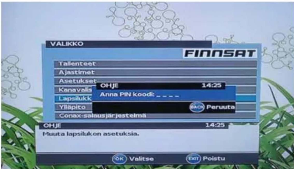 VALIKKO FINNSAT Tallenteet Ajastimet Asetukset Kanavalis Lapsilukk Ylläpito Conax-salausjärjestelmä OHJE 14:25 Anna PIN koodi: BACK Peruuta Muuta lapsilukon asetuksia. OK Valitse Exit Poistu