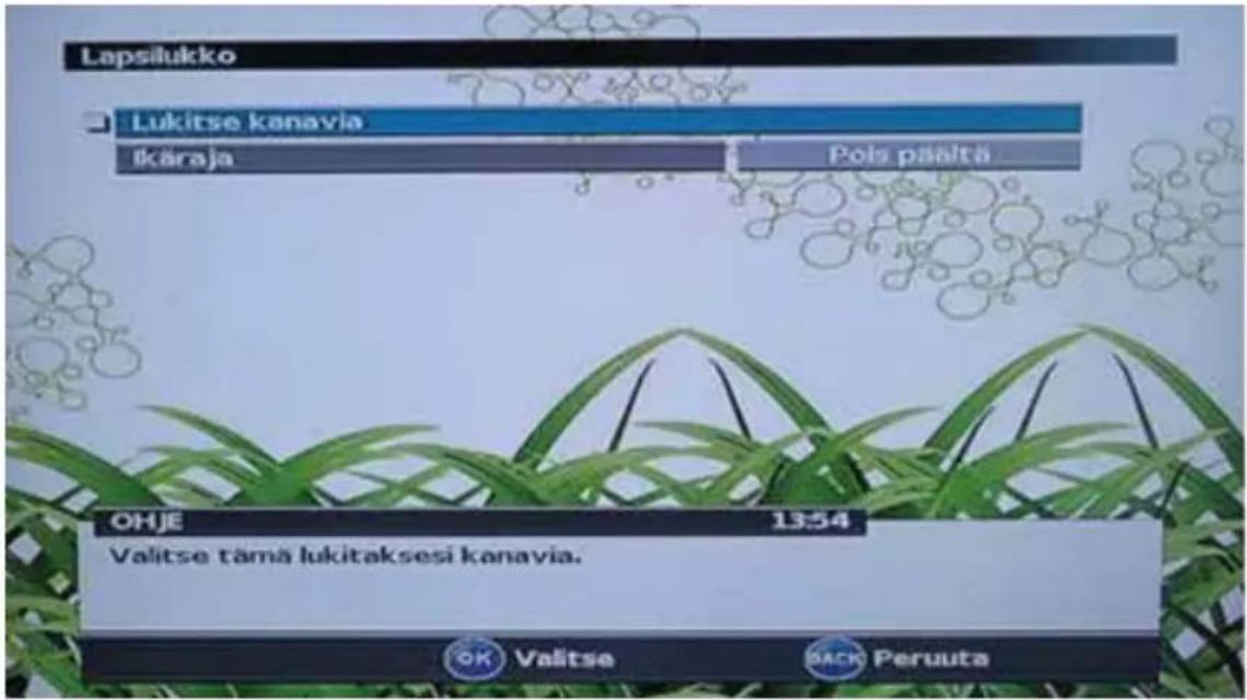Lapsilukko Lukitse kanavia Ikāraja Pols päältä OHJE 13:54 Valitse tämä lukitaksesi kanavia. OK Valitse BACK Peruuta