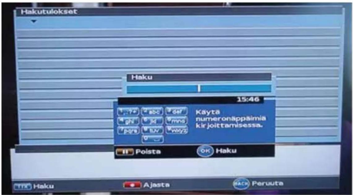Hakutulokset Haku 15:46 Käytä numeronäppäimia kirjoittamisessa. II Poista OK Haku Trx Haku Ajasta MAC Peruuta