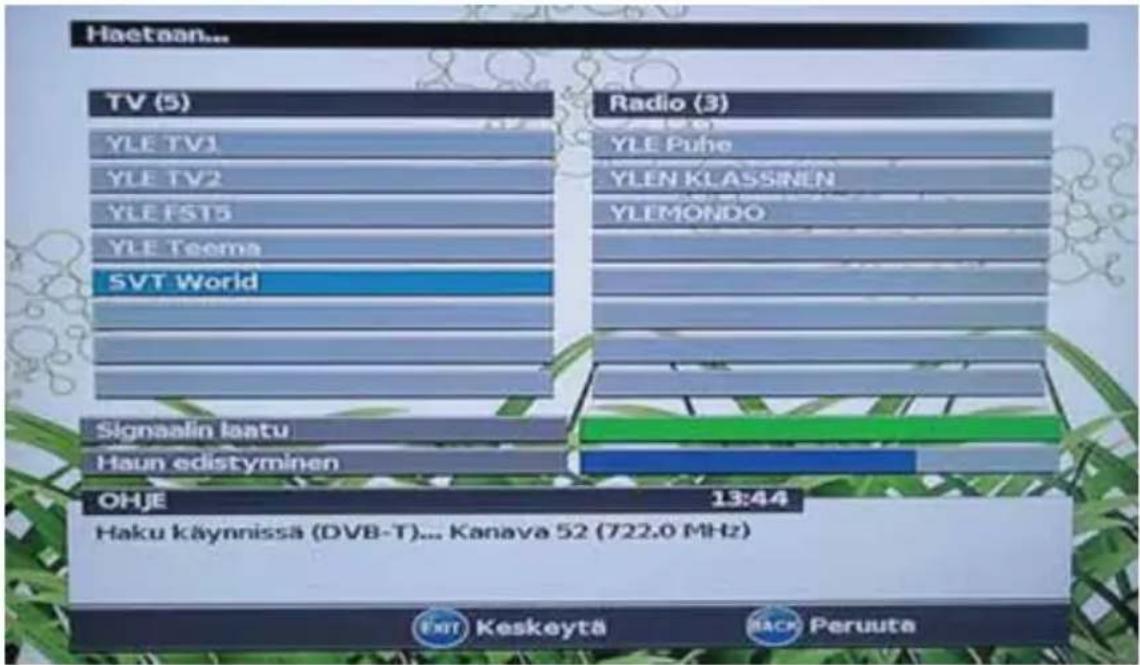 Haetaan... TV (5) YLE TV1 YLE TV2 YLE FST3 YLE Teema SVT World Radio (3) YLE Puhe YLEN KLASSINEN YLEMONDO Signaalin laatu Haun edistyminen OHJE 13:44 Haku käynnissä (DVB-T)... Kanava 52 (722.0 MHz) Exi Keskeytä Back Peruuta