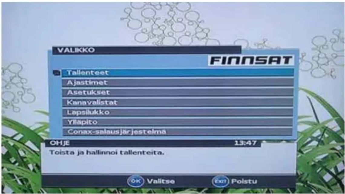 VALIKKO FINNSAT Tallenteet Ajastimet Asetukset Kanavalistat Lapsilukko Ylläpito Conax-salausjärjestelmä OHJE 13:47 Toista ja hallinnoi tallenteita. OK Valitse Grid Poistu