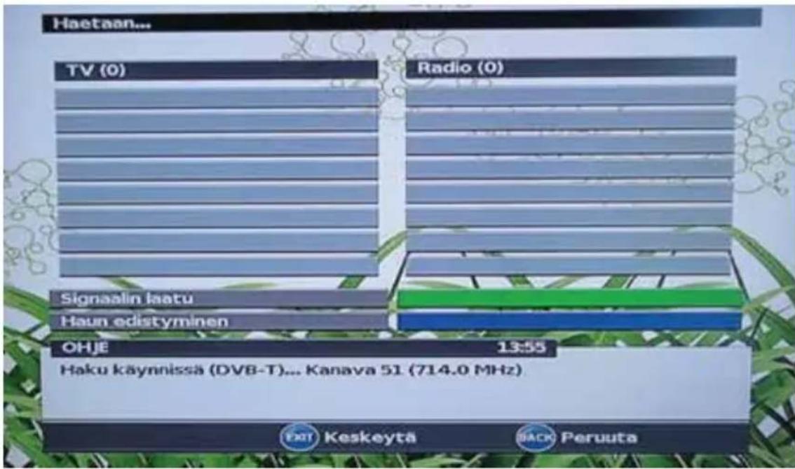 Haetaan... TV (0) Radio (0) Signaalin laatu Haun edistyminen OHJE 13:55 Haku käynnissä (DVB-T)... Kanava 51 (714.0 MHz) EXIT Keskeyta BACK Peruuta