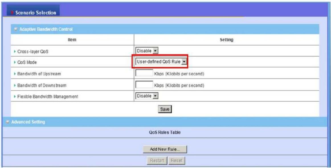 Scenario Selection Adaptive Bandwidth Control Item Setting ► Cross-layer QoS Disable ► CoS Mode User-defined QoS Rule ► Bandwidth of Upstream Kbps (Kilobits per second) ► Bandwidth of Downstream Kbps (Kilobits per second) ► Flexible Bandwidth Management Disable Save Advanced Setting QoS Rules Table…
